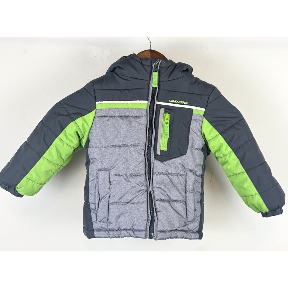 London Fog Toddler Puffer Jacket Boys 4T Gray Green Hooded Winter Coat